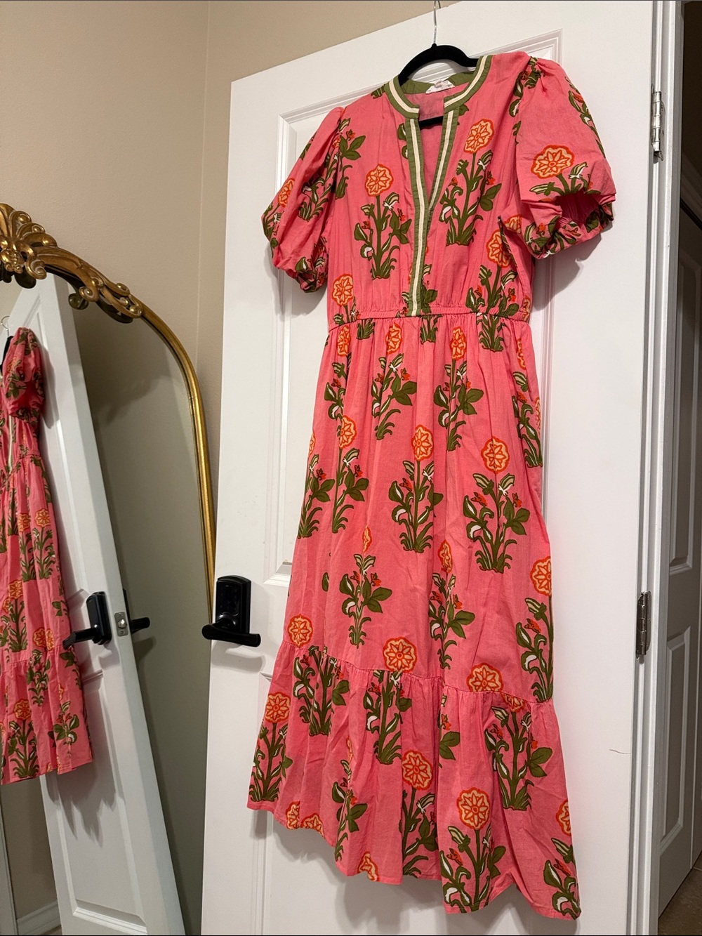 THML Pink Floral Puff-Sleeve Midi Dress with Green Trim